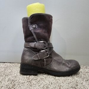 Gray Leather Buckle Ankle Boots